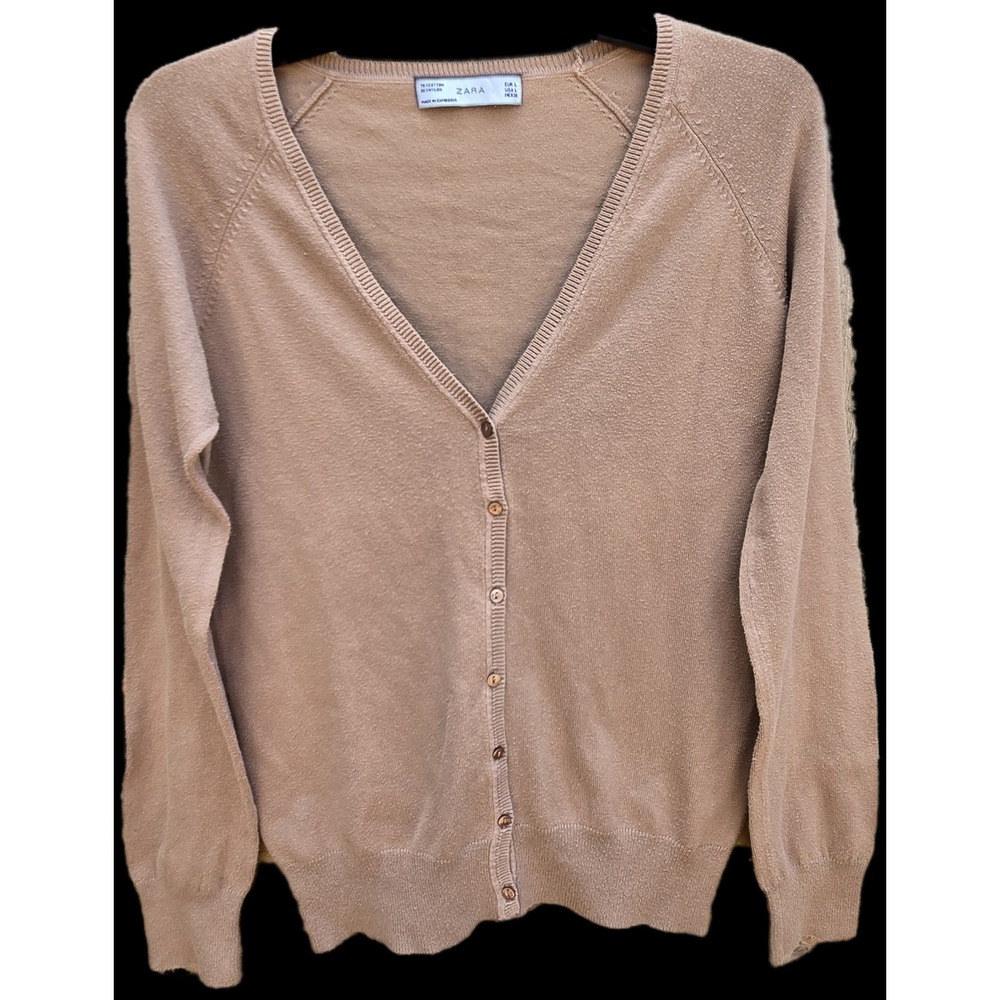 Zara Tan Camel Button-Front Vneck Large Cardigan Long-Sleeve Preppy